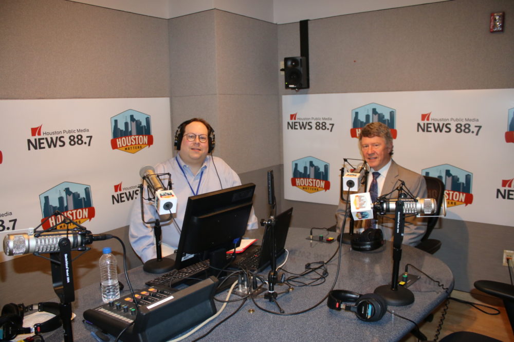 Houston Matters host Craig Cohen (left) and Harris County Judge Ed Emmett (right) moments before the interview they did on August 24, 2018.
