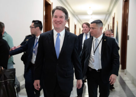 President Donald Trump's Supreme Court nominee, Judge Brett Kavanaugh, departs after meeting with Sen. Chris Coons, D-Del., a member of the Senate Judiciary Committee which will oversee his confirmation, on Capitol Hill in Washington, Thursday, Aug. 23, 2018. (AP Photo/J. Scott Applewhite)