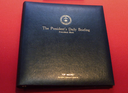 The President's Daily Briefing, or PDB, is the top-secret intelligence report the CIA presents to the president every weekday. The book shown here is for a briefing delivered to President George W. Bush in 2002.
