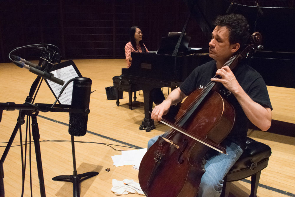 Cellist Brinton Averil Smith and pianist Evelyn Chen during a recording session