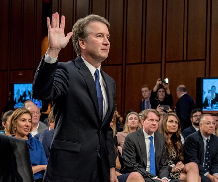 Judge Brett Kavanaugh swearing in to testify in front of the U.S. Senate Judiciary Committee as part of his confirmation to become a Justice on the U.S. Supreme Court.