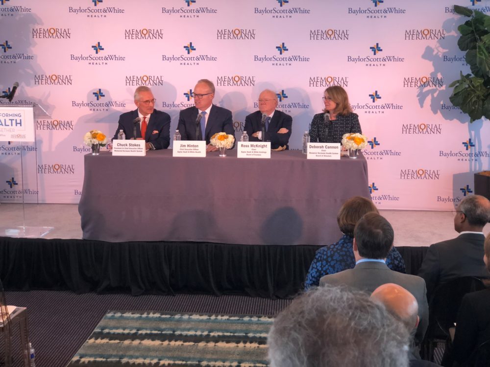 From left to right: Chuck Stokes, president and CEO of Memorial Hermann; Jim Hinton, CEO of Baylor Scott & White Health; Ross Mcknight, chair of Baylor Scott & White Holdings Board of Trustees; and Deborah Cannon, chair of the Memorial Hermann Health System Board of Directors, during a press conference held in Houston on Oct. 1, 2018, to announce the merger.