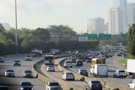 A Metro park and ride bus heads into downtown on the I-45 North HOV lane