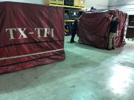 Members of TX-TF1's Logistics Team load and make pallets of equipment ready for transport to Florida on October 8, 2018.