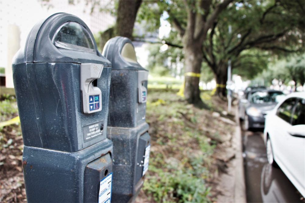 Parking meters in downtown Houston on September 20, 2018.