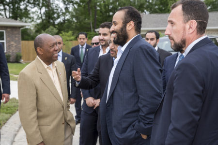 IMAGE DISTRIBUTED FOR ARAMCO SERVICES - His Royal Highness Crown Prince Mohammed Bin Salman and Houston Mayor Sylvester Turner visited with Houston's Habitat for Humanity on Saturday, April 7, 2018, in Houston, TX on the last stop of his U.S. tour. (Photo by Paul Ladd/Invision for Aramco Services/AP Images)