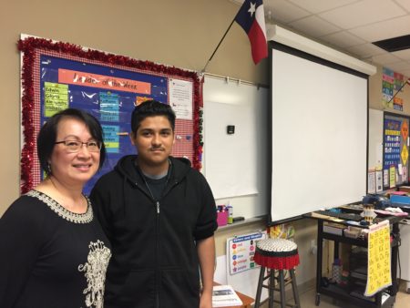 Lotus Hoey teaches English as a second language at Pershing Middle School in Southwest Houston. She said she learned from her student Emiliano Campos not to take students' attitudes and behavior personally. This year, Emiliano has returned to her classroom as a teacher's assistant.