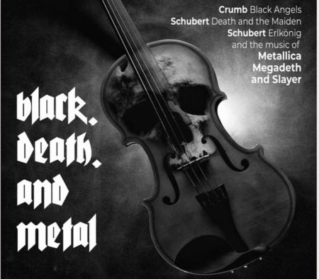 Concert poster for Axiom Quartet with violin and superimposed skull