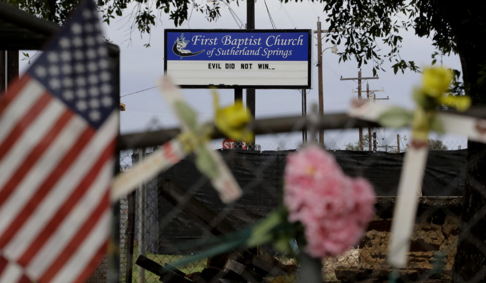 Memorials and messages continue to hang on a fence at the First Baptist Church of Sutherland Springs, Wednesday, Oct. 31, 2018, in Sutherland Springs, Texas. Monday will mark one year since a gunman opened fire on worshippers attending Sunday service at the church, killing more than two dozen people and wounding others.