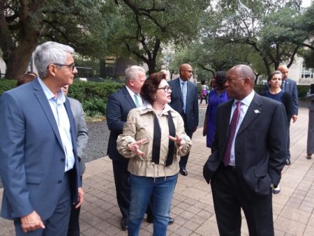 Former Houston First Lady Elyse Lanier tours City Hall grounds with Mayor Sylvester Turner.