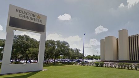 The Houston Chronicle building is on the Southwest Freeway.