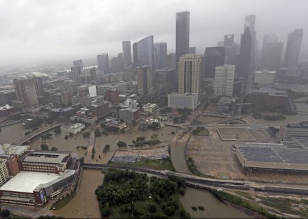 Downtown Houston flooded by rain from Hurricane Harvey on Aug. 29, 2017. The buildings in the region exacerbated rainfall from the storm, according to a new study.