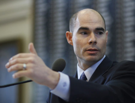 Rep. Dennis Bonnen, R-Angleton, presents his bill that would bar state officials from requiring the HPV vaccine for schoolgirls, during a session in the Texas House of Representatives Tuesday, March 13, 2007, in Austin, Texas. The House gave preliminary passage to his bill. (AP Photo/Harry Cabluck)