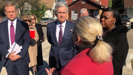 Federal Reserve Bank Chairman Jerome Powell, center, visits with community leaders in the Fifth Ward Thursday, Nov. 15. 2018.
