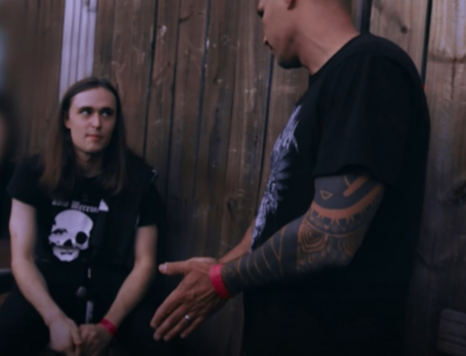 In the PBS Frontline documentary “Documenting Hate: New American Nazis,” ProPublica reporter A.C. Thompson (right) confronts John Cameron Denton (left), Texas leader of the neo-Nazi group “Atomwaffen Division” at a black metal festival in northwest Houston.