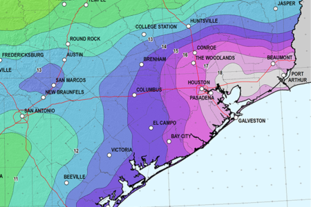 This graphic of Texas shows the updated rainfall values in inches that define certain extreme events, such as the 100-year storm.