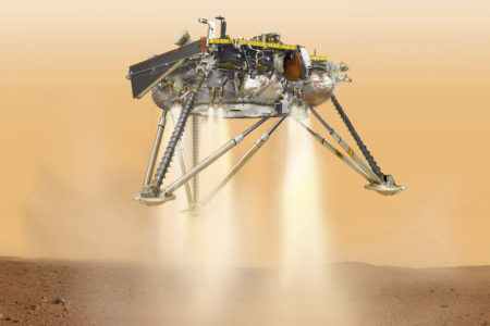 This illustration made available by NASA in October 2016 shows an illustration of NASA's InSight lander about to land on the surface of Mars. NASA's InSight spacecraft will enter the Martian atmosphere at supersonic speed, then hit the brakes to get to a soft, safe landing on the alien red plains. After micromanaging every step of the way, flight controllers will be powerless over what happens at the end of the road, nearly 100 million miles away. (NASA/JPL-Caltech via AP