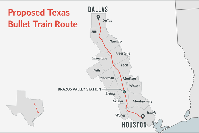 Central Texas Partners released this map showing the likely route of a high-speed rail line between Dallas and Houston.