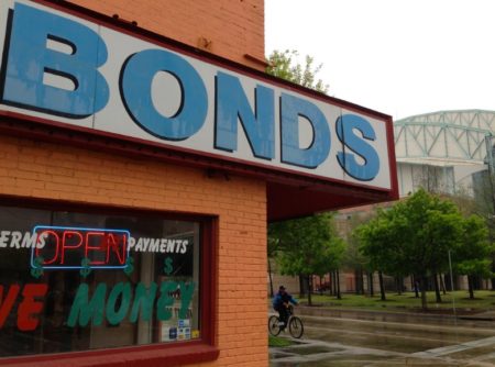 A bail bonds office in Houston, near Minute Maid Park.
