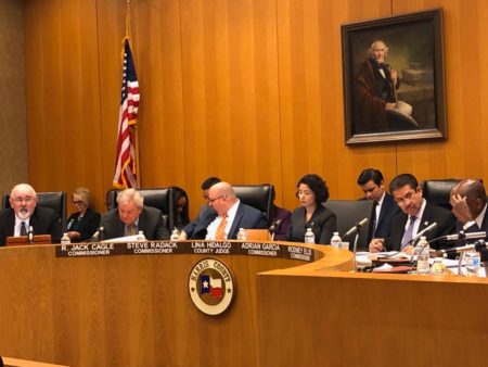 Lina Hidalgo (center) presided her first meeting as Harris County Judge in Houston on January 8, 2019.