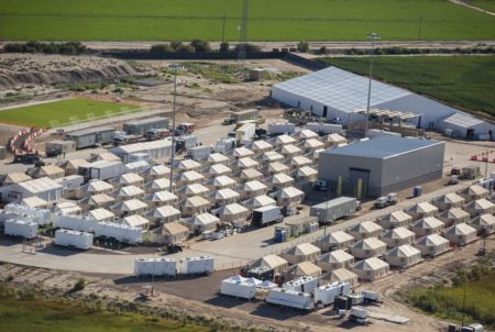 An aerial view of the "tent city" in Tornillo, Texas, on Wednesday, Sept. 12, 2018. The shelter opened in June.