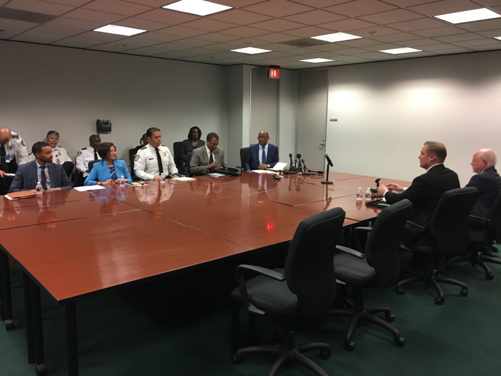 Houston Mayor Sylvester Turner, center, at the far end of the table, along with City Attorney Ron Lewis, Fire Chief Samuel Pena, were facing fire union President Marty Lancton, second from right, and attorney Troy Blakeney at a City Hall office on Wednesday, Jan. 16, 2019.