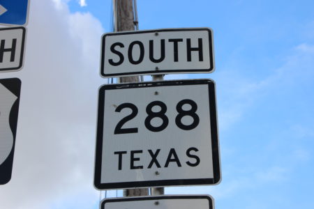 288 South highway sign. In January 2019, the Texas Department of Transportation (TxDOT) closed the connector ramp to southbound I-69 and State Highway 288 because of construction.