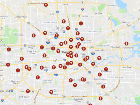 Map of locations with accused clergy in the Archdiocese of Galveston-Houston