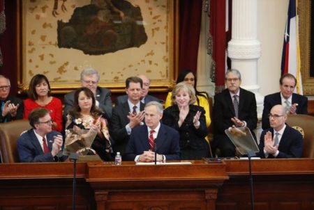Gov. Greg Abbott addresses members of the Texas Legislature during his State of the State address at the Capitol on Tuesday.