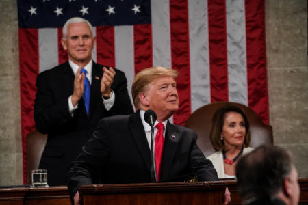 President Trump delivered his second State of the Union address Tuesday. House Speaker Nancy Pelosi, D-Calif., is over his left shoulder, as Vice President Pence stands and applauds.