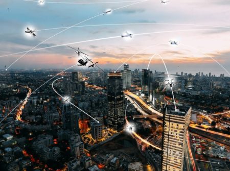 An artist’s conception of an urban air mobility environment, where air vehicles with a variety of missions and with or without pilots, are able to interact safely and efficiently.
Credits: NASA / Lillian Gipson