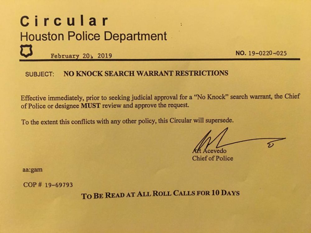Houston Police Department's circular on new policy for no-knock search warrants, which became effective on February 20, 2019 (Image credit: Houston Police Department)