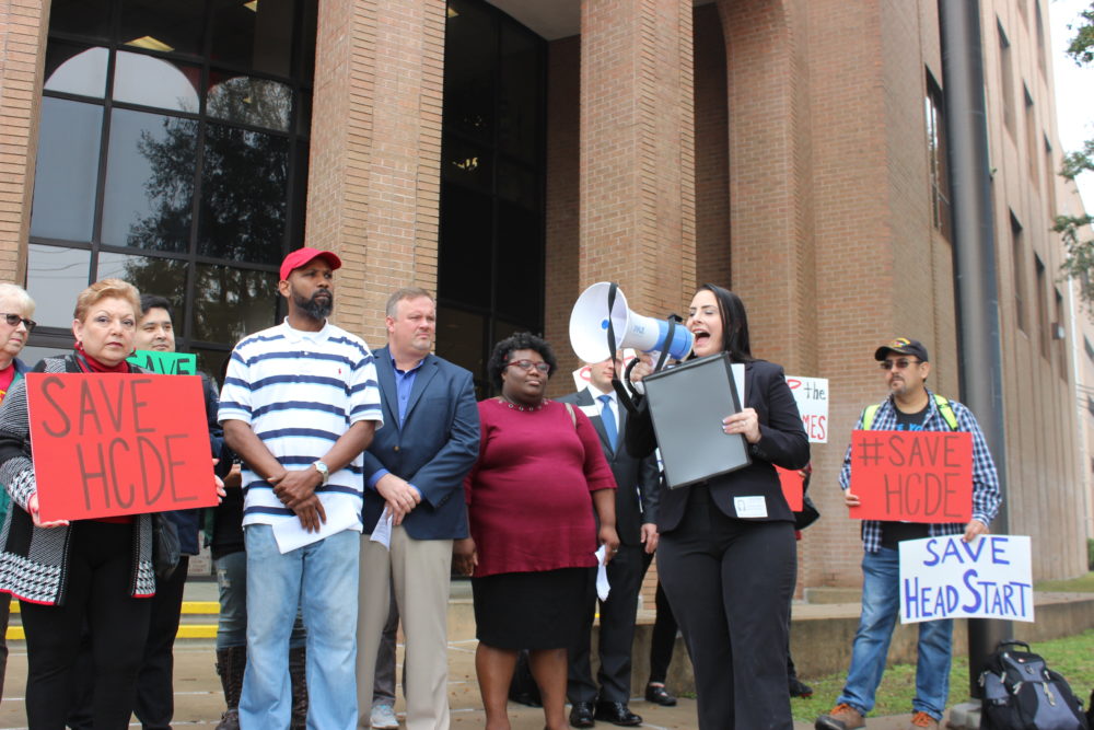 Andrea Duhon leads a rally to preserve the Harris County Department of Education. Duhon ran for a seat on the board in 2018 but lost.
