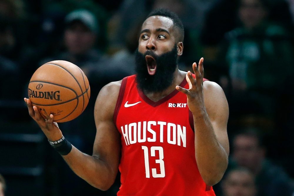 Houston Rockets guard James Harden (13) reacts after a foul in the first  half during an NBA basketball game against the Utah Jazz Saturday, April  20, 2019, in Salt Lake City. (AP