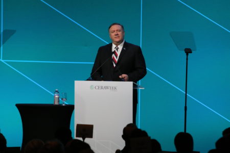 Secretary of State Mike Pompeo speaks at CERAWeek in Houston on Tuesday, March 12, 2019.