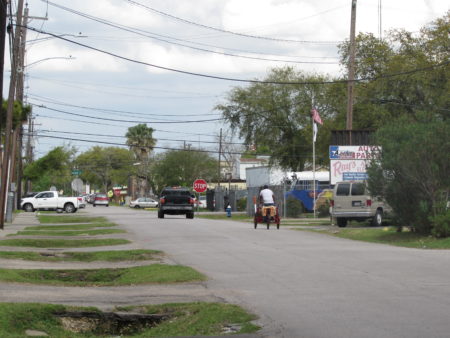 Edgemoor Street near Renwick. Only one side of the street has a sidewalk, and the Kinder survey found that was a common complaint in Gulfton.