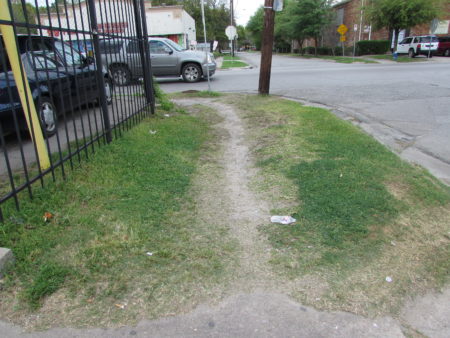 Pedestrians created a dirt path where the sidewalk ends at Dashwood and Mullins.