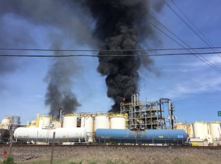 Smoke as seen in Crosby where a fire broke out at a chemical facility on April 2, 2019.