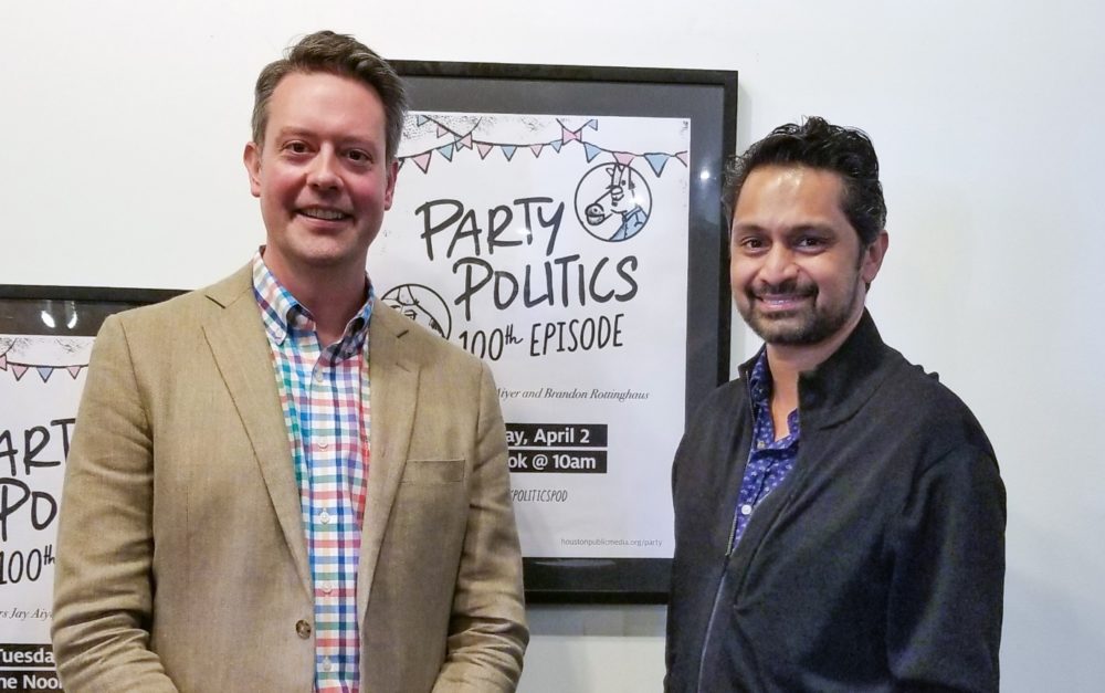 Brandon Rottinghaus (left) and Jay Aiyer (right) co-host Houston Public Media's Party Politics weekly podcast.