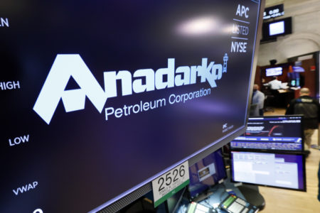 The logo for Anadarko Petroleum Corp. appears above a trading post on the floor of the New York Stock Exchange, Friday, April 12, 2019. Energy companies rallied after Chevron said it would pay $33 billion to buy rival Anadarko Petroleum.