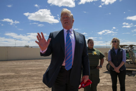 President Donald Trump speaks as he visits a new section of the border wall with Mexico in Calexico, Calif., Friday April 5, 2019.
