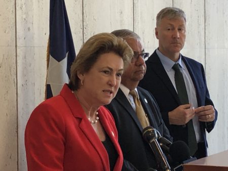 This file photo shows Harris County District Attorney Kim Ogg during a news conference held in Houston in April 2019.