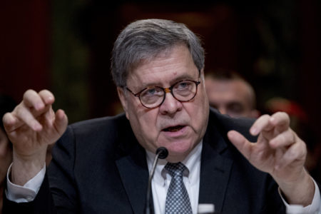 Attorney General William Barr reacts as he appears before a Senate Appropriations subcommittee to make his Justice Department budget request, Wednesday, April 10, 2019, in Washington. Barr said Wednesday that he was reviewing the origins of the Trump-Russia investigation. He said he believed the president's campaign had been spied on and he was concerned about possible abuses of government power.  (AP Photo/Andrew Harnik)