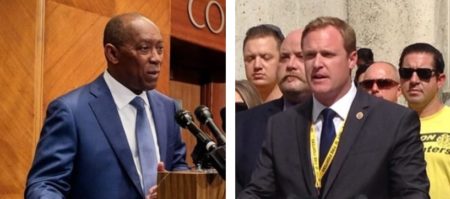Houston Mayor Sylvester Turner (left) and Houston Professional Fire Fighters Association President Patrick 'Marty' Lancton are set to start negotiating about the implementation of pay parity between the local police and fire departments on April 22, 2019.