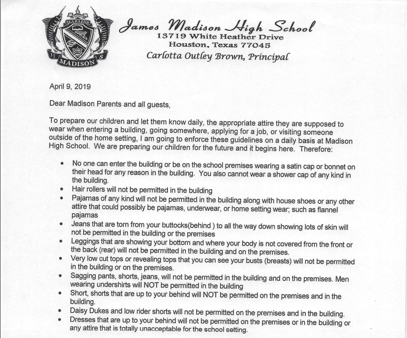 Principal Carlotta Outley Brown issued this memo to parents earlier in April.