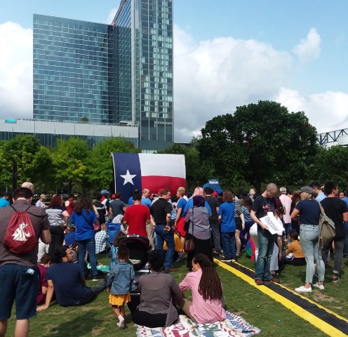 Houstonians gathered at Discovery Green on April 24, 2019, to attend a campaign rally with presidential Democratic candidate Bernie Sanders.