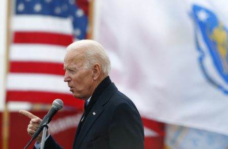 In this April 18, 2019, file photo, former vice president Joe Biden speaks at a rally in support of striking Stop & Shop workers in Boston.