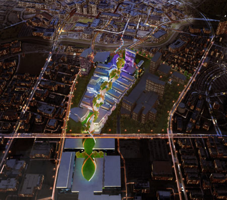 This rendering shows how the Texas Medical Center 3 will look at night, emphasizing the campus' DNA-shaped promenade.