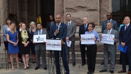 Mike Hollinger of IBM joined a group of business leaders at a news conference on the steps of the capitol in Austin, Texas. The business leaders oppose the so-called religious refusal laws currently under consideration in the Texas legislature.