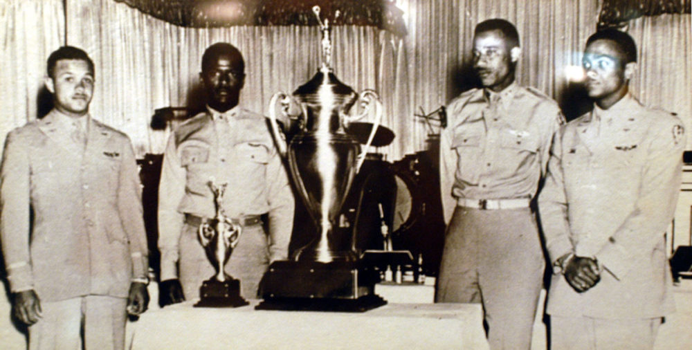 U.S. Air Force Capt. Alva Temple, 1st Lt. James Harvey, 1st Lt. Harry Stewart and 1st Lt. Halbert Alexander pose with their 1949 Weapons Meet trophy in May 1949 at the Flamingo Hotel in Las Vegas, Nev.